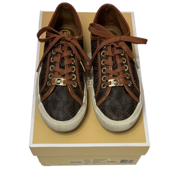 Michael Kors Monogram Boerum Sneakers Brown Gold Luxury Designer MK Logo Size 6M - Picture 5 of 16